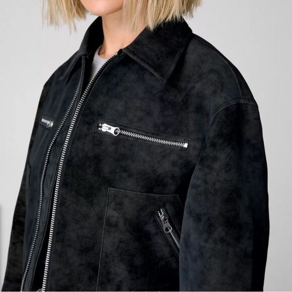 Cropped Faux Leather Distressed Trucker Jacket - Picture 3 of 7